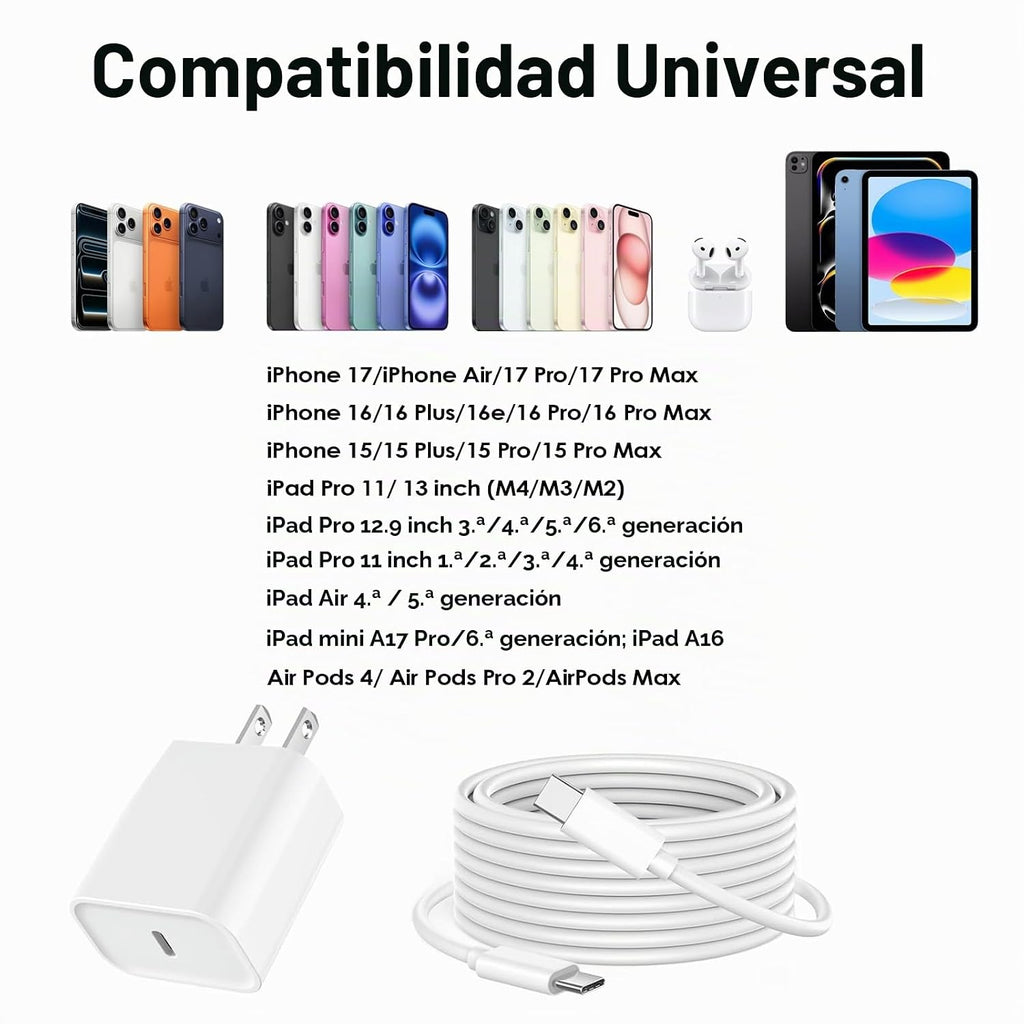 Cargador rápido para iPhone 17 16 15 de 10 pies, cargador de 20 W p...