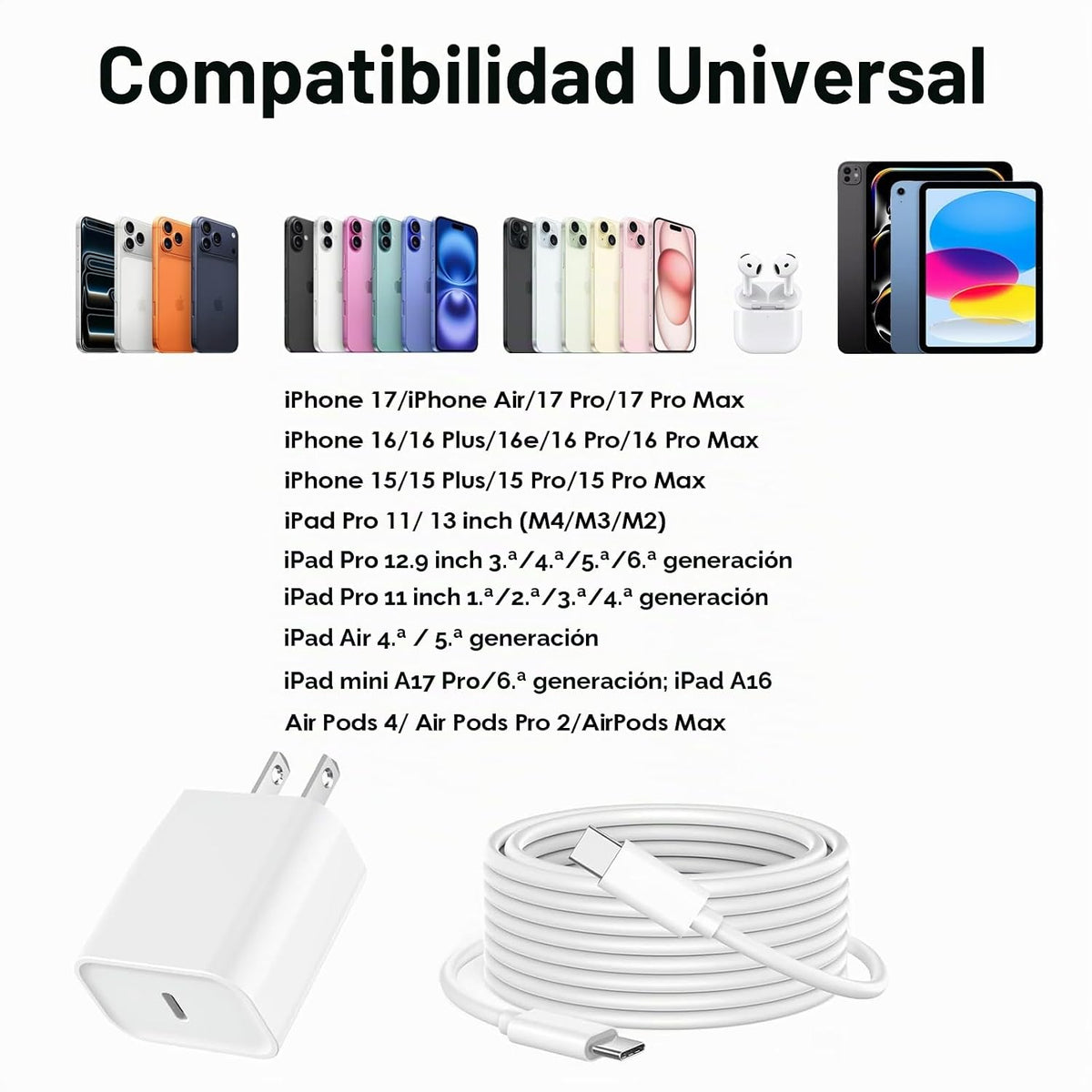 Cargador rápido para iPhone 17 16 15 de 10 pies, cargador de 20 W p...