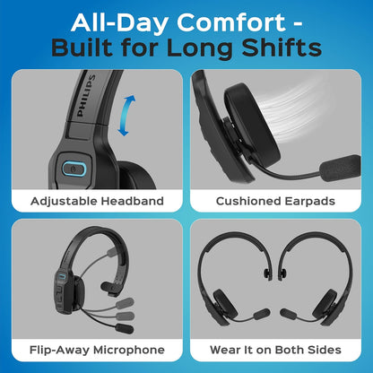 Philips Trucker - Auriculares Bluetooth con micrófono, auriculares inalámbricos de una sola oreja con micrófono con cancelación de ruido AI y botón de silencio, tiempo de reproducción extendido