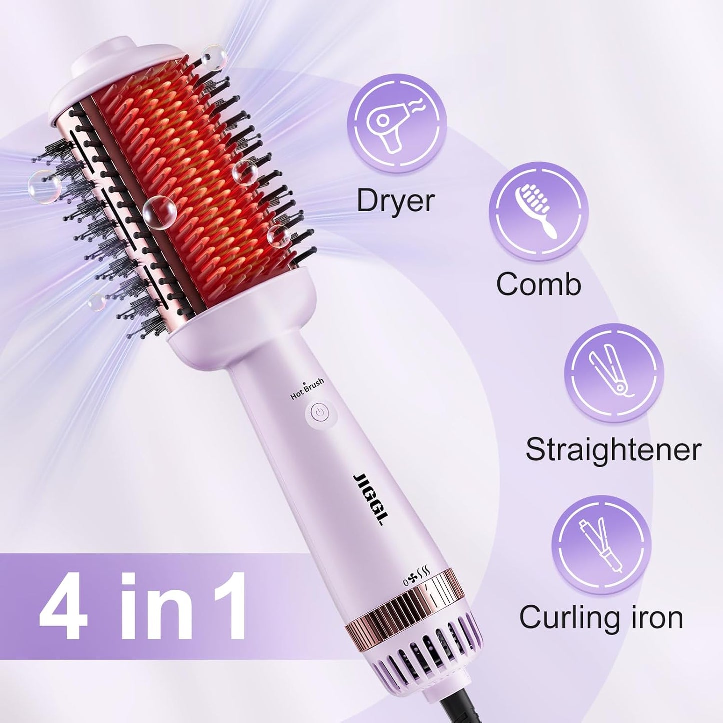 JIGGL Cepillo Alisador Secador de Barril Extra Grande Ovalado: Cepillo Secador de Aire Caliente de Un Paso para Cabello Medio y Largo de Mujeres, Alisado/Suavizado/Secado/Voluminización, Morado