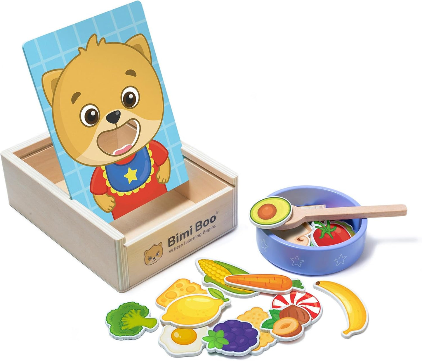 Bimi Boo Juguetes de alimentación de madera - Juguetes Montessori de cuchara para niños pequeños de 1 a 4 años - Juego de alimentos de simulación de habilidades motoras finas para niños (27 alimentos
