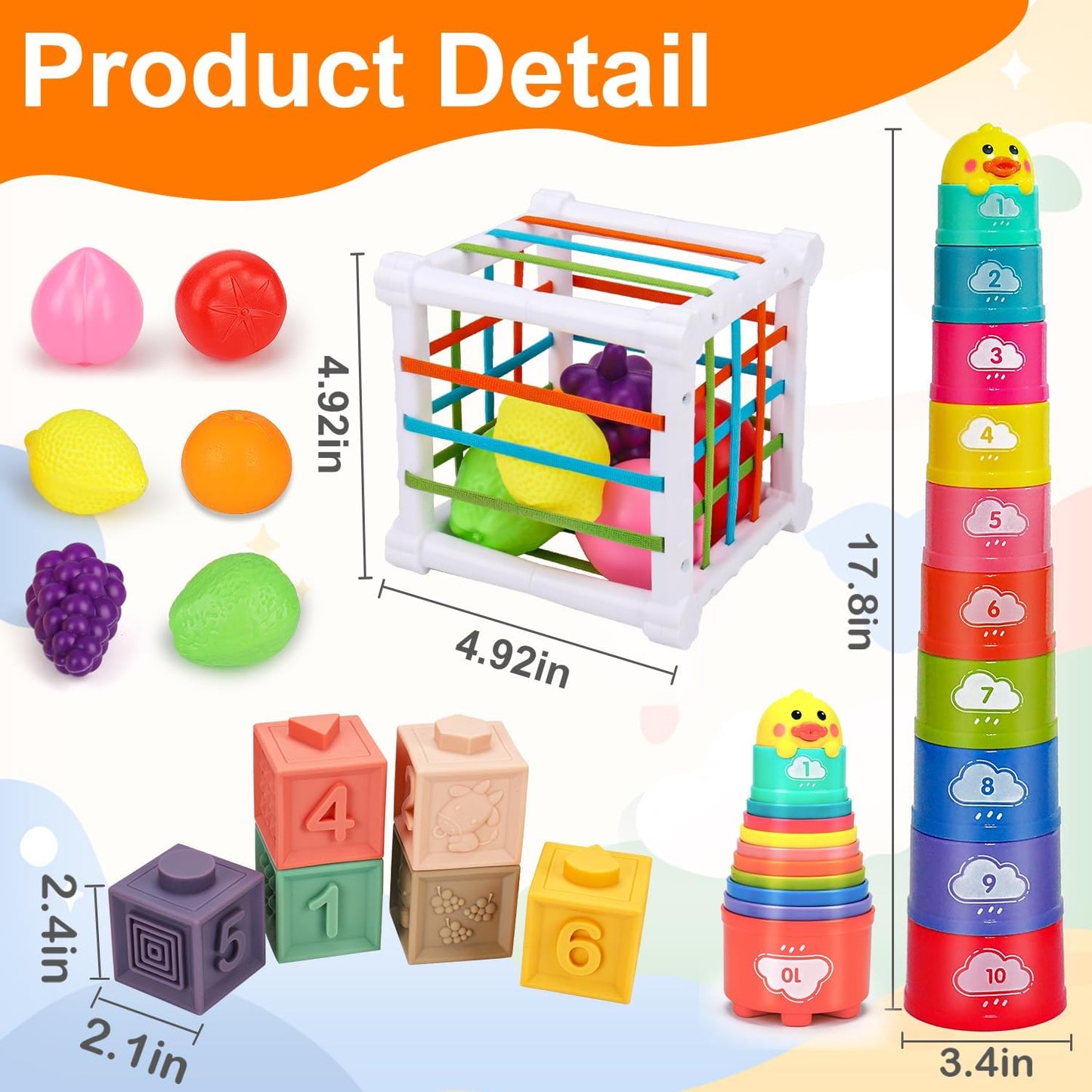 Juguetes Montessori para bebés de 6-12-18 meses, tazas de apilar con cuerda para bebés, bloques clasificadores de forma, juguete de desarrollo sensorial y aprendizaje de 6-9 9-12 meses, regalo de