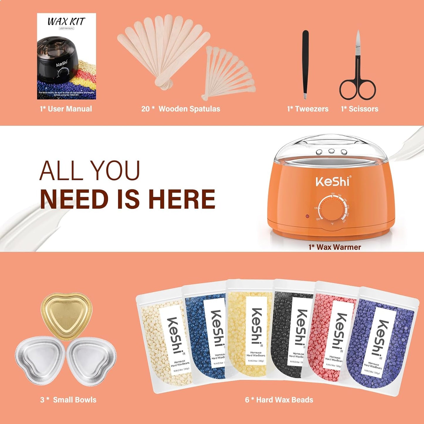 Kit de depilación KeShi, calentador de cera para depilación sin dol...