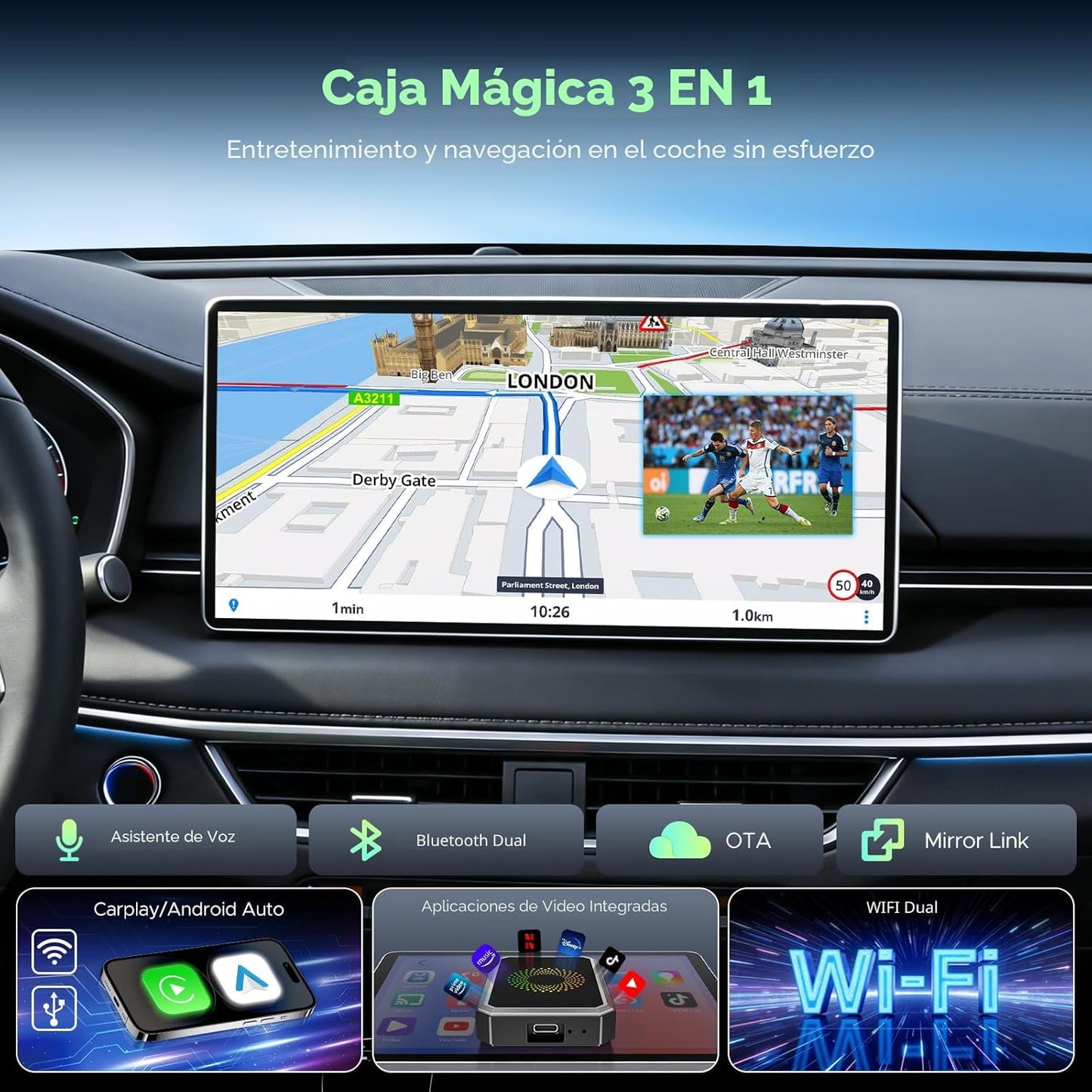 LAMTTO Adaptador inalámbrico 3 en 1 Carplay Android Auto Adapter integrado Net-Flix YouTube Tiktok Apps Magic AI Box Reproductor de video con WiFi de doble banda USB para coches de juego con cable OEM