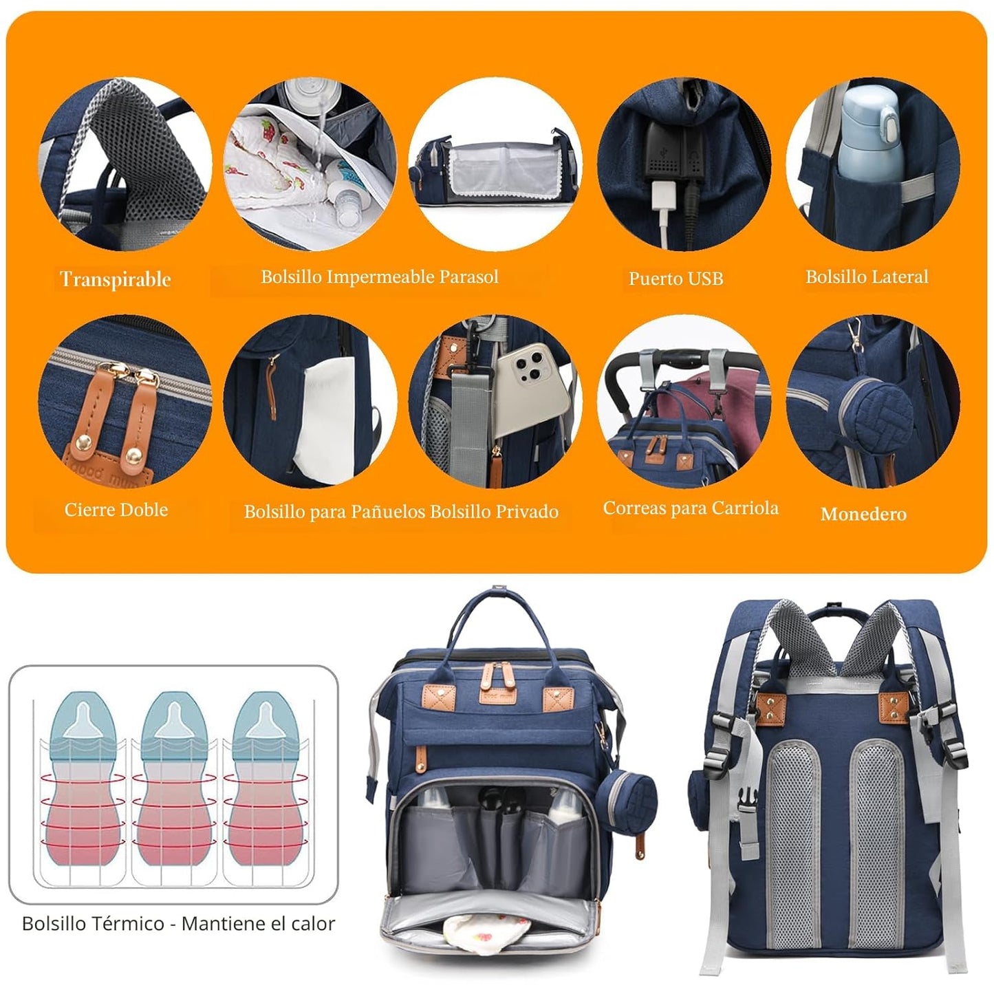 Astro alan - Bolsas de pañales para bebé con cambiador, mochila imp...
