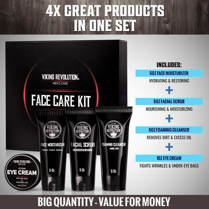 Viking Revolution Kit de cuidado facial de la piel para hombres, incluye hidratante facial rejuvenecedor, exfoliante facial de microdermoabrasión, limpiador espumoso (5 onzas cada uno) y crema de ojos