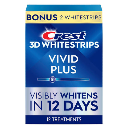 Crest 3D Whitestrips Vivid Plus, kit de tiras blanqueadoras de dientes, 10 tratamientos + 2 tratamientos adicionales (cada uno con 1 tira superior/1 inferior), 24 tiras, 8 niveles más blancos, kit de