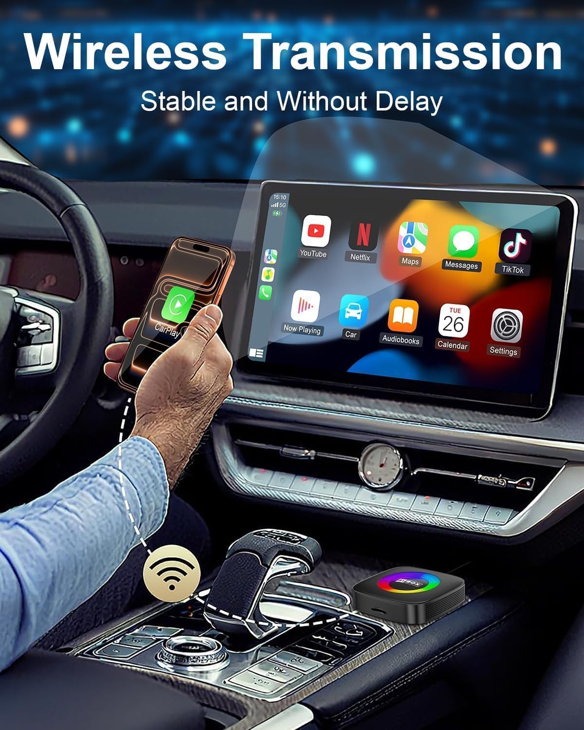 Adaptador inalámbrico Carplay para iPhone Ai Magic Box con Netflix/YouTube compatible con TF/Card Dongle Plug and Play Fácil configuración Carplay y Android Auto Video Entertainment para iOS 10+