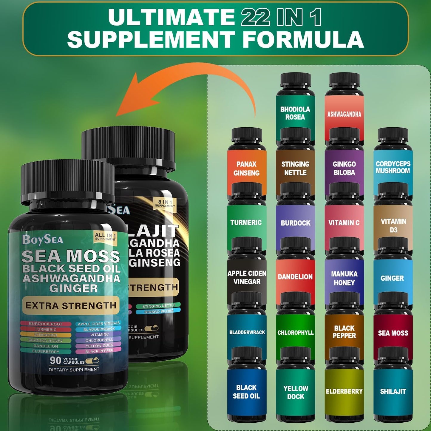Boysea. Paquete de Shilajit y Musgo Marino - 90 unidades - Musgo ma...