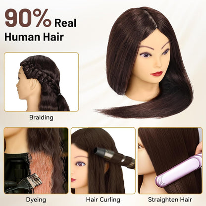 Cabeza de maniquí con 90% cabello humano de 23 pulgadas, cabeza de...