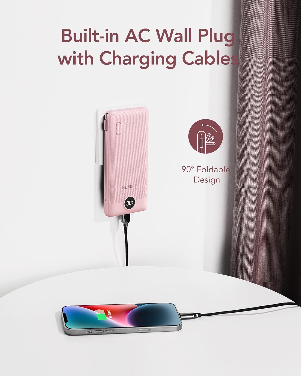 VEGER Cargador portátil con enchufe AC y cables incorporados, todo...
