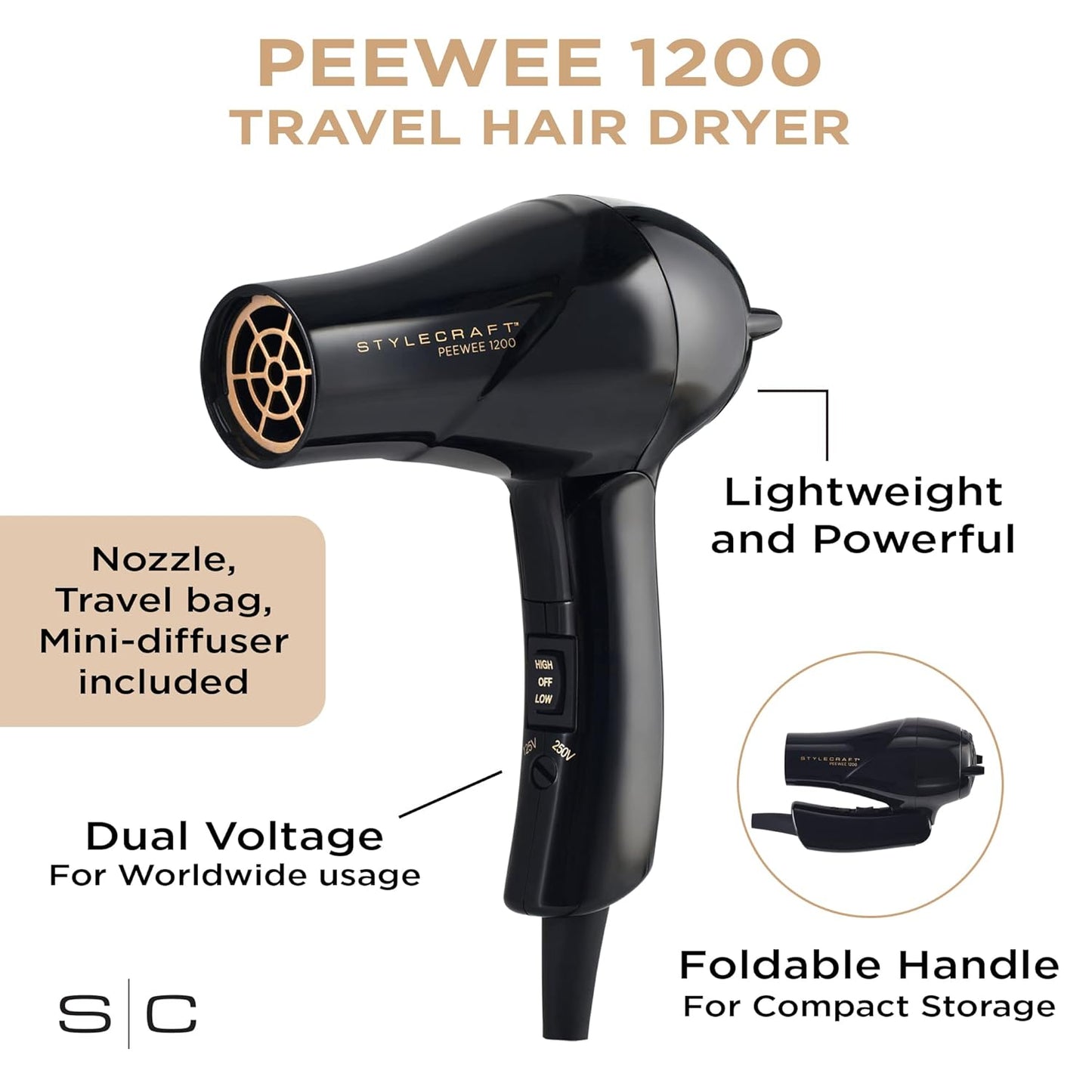 StyleCraft Peewee - Secador de fusión Tri-Plex Tech para cabello se...