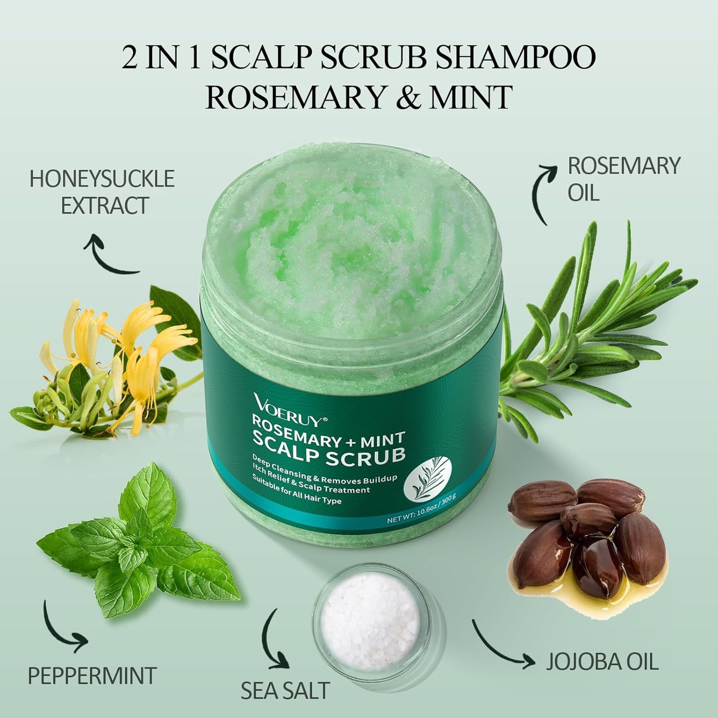 Exfoliante para el cuero cabelludo, champú exfoliante de cuero cabelludo de romero, tratamiento 2 en 1 para el cuero cabelludo con aceite de menta, tratamiento capilar para aclarar y eliminar