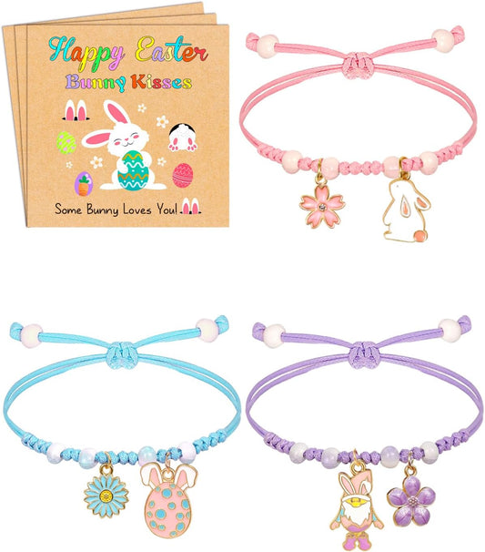Regalos de Pascua para niños, 3 pulseras ajustables con dije de conejo con tarjeta de conejo, bonita pulsera de joyería para rellenos de cesta de Pascua para adolescentes, mujeres y niños