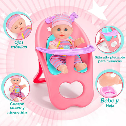 deAO Juego de Muñecas de Bebé de 12" con Cuna, Móvil, Silla Alt...