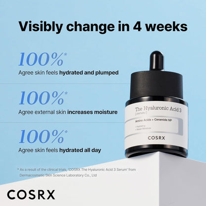 COSRX Suero de ácido hialurónico de sodio puro al 3%, hidratante y estimulante de la humedad para líneas finas y arrugas, repara la piel seca, 0.67 onzas líquidas, sin fragancia artificial, cuidado de