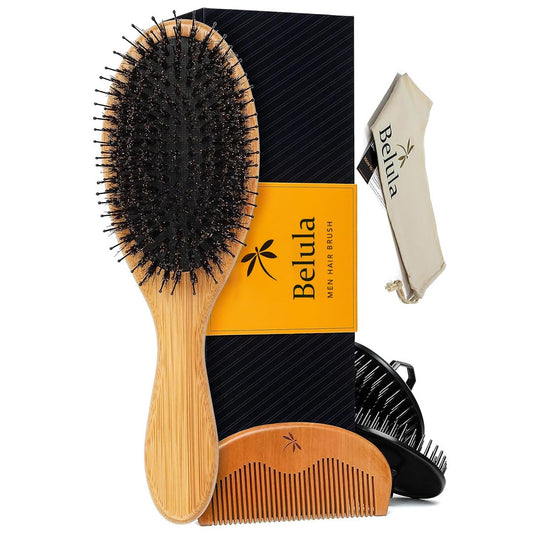 Belula Set de aseo de cabello para hombres: cepillo de cerdas de jabalí, cepillo de alfiler de nailon, peine de madera y bolsa de viaje para peinar