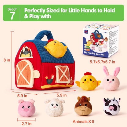 hahaland - Juguetes para bebés de 6-12 meses, juego de granero con animales de peluche de granja, sonajero, papel crujiente, espejo, juguetes montessori sensoriales para niños pequeños de 1-3 años