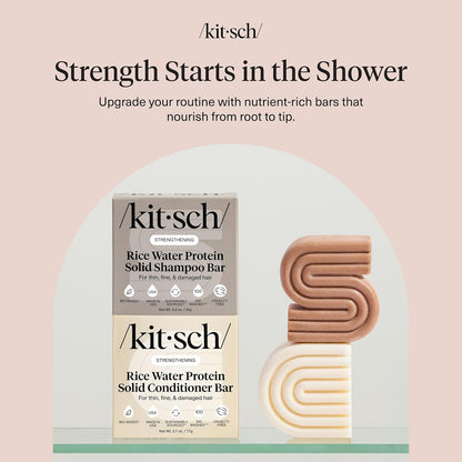 Kitsch Champú y acondicionador sólido de proteína de agua de arroz para el crecimiento del cabello – Dúo fortalecedor del cuidado del cabello con proteína de arroz y vitaminas para reparación de daños – Sin parabenos, sulfatos y silicona, fabricado en Est