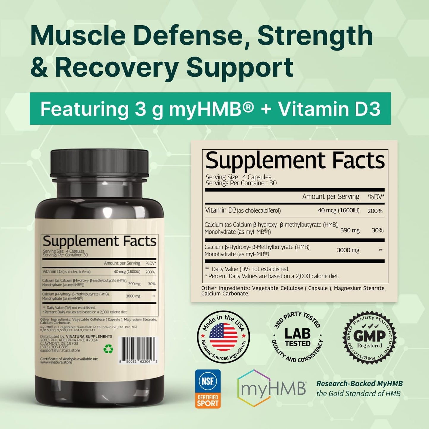 VINATURA Suplemento HMB de 3000 mg y vitamina D3, defensa muscular...