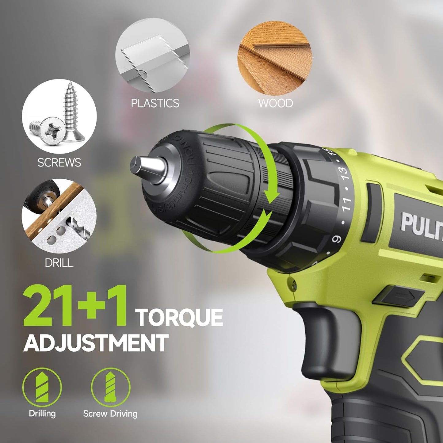 PULITUO Juego de taladro inalámbrico de 12 V verde, kit de taladro...