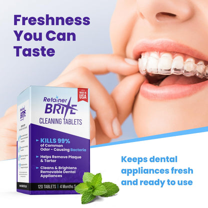 Retainer Brite Tabletas limpiadoras de retenedores para limpiadores ultrasónicos, utilizadas para limpiar Invisalign, protector bucal, protector nocturno y más, suministro de 4 meses, fabricado en