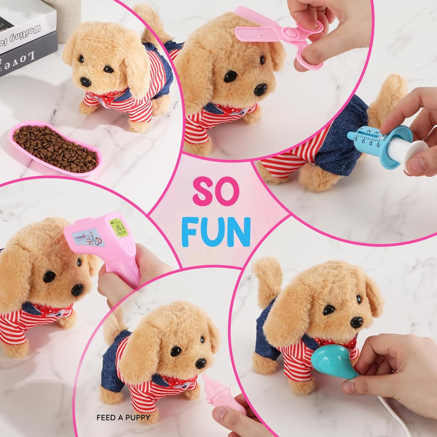 Juguete para niños pequeños 10 piezas Juguete interactivo de perro robot retriever - Cachorro caminante y de peluche con estetoscopio para juego de roles de veterinario, regalo educativo para
