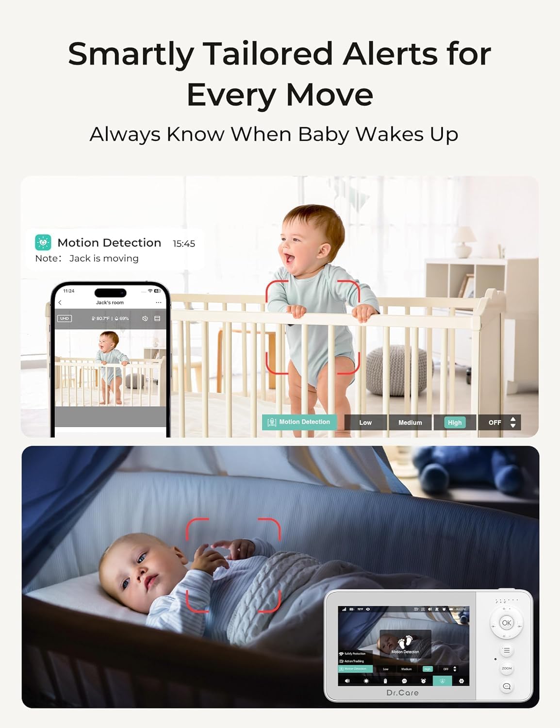 Dr.Care Monitor de bebé inteligente WiFi con cámara, pantalla 720P...
