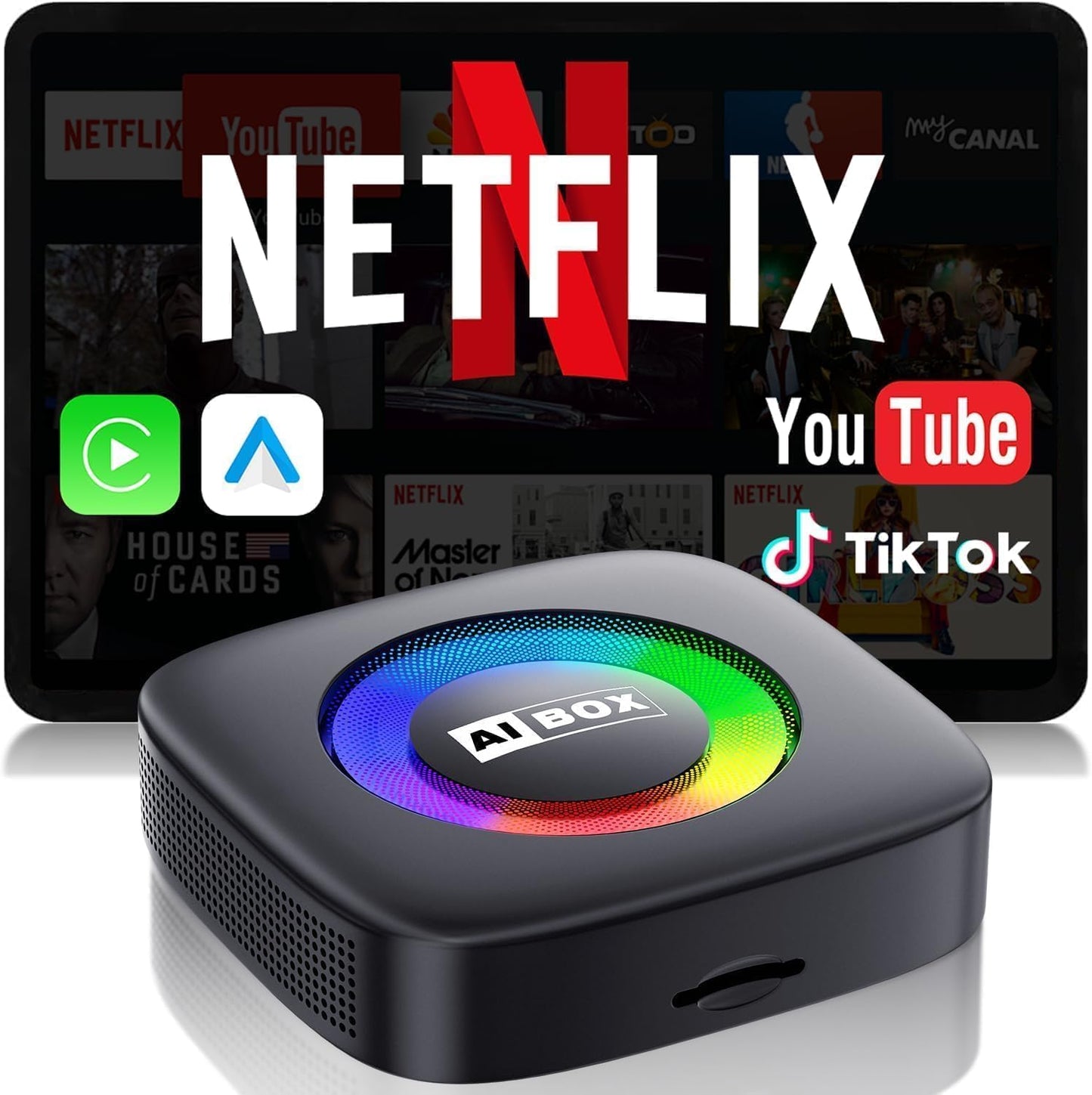 Adaptador inalámbrico Carplay para iPhone Ai Magic Box con Netflix/YouTube compatible con TF/Card Dongle Plug and Play Fácil configuración Carplay y Android Auto Video Entertainment para iOS 10+