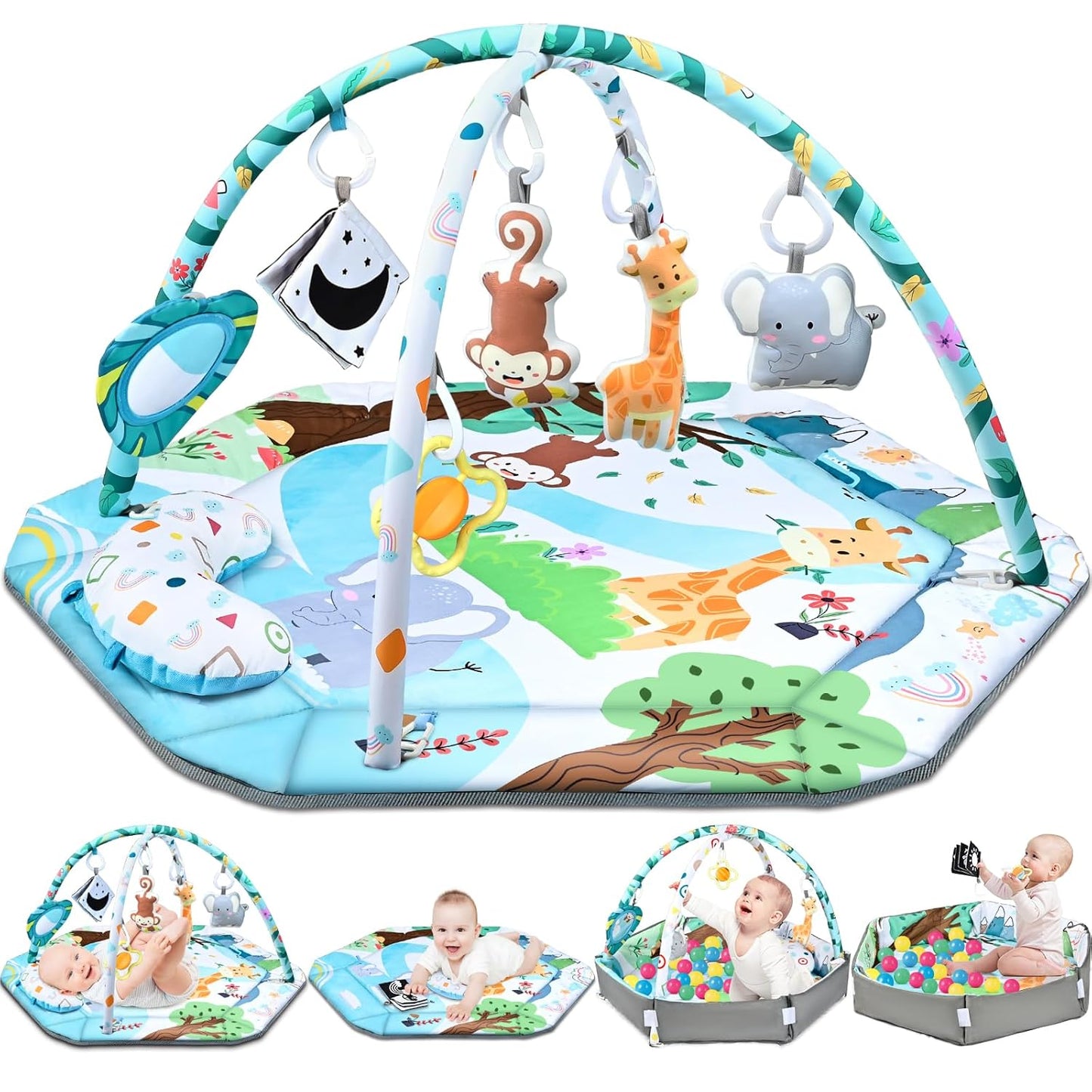 Tapete de juego para gimnasio para bebé, tapete 8 en 1 para el tiempo boca abajo y piscina de pelotas con 6 juguetes, tapete de juego lavable para actividades de bebé para desarrollo visual, auditivo