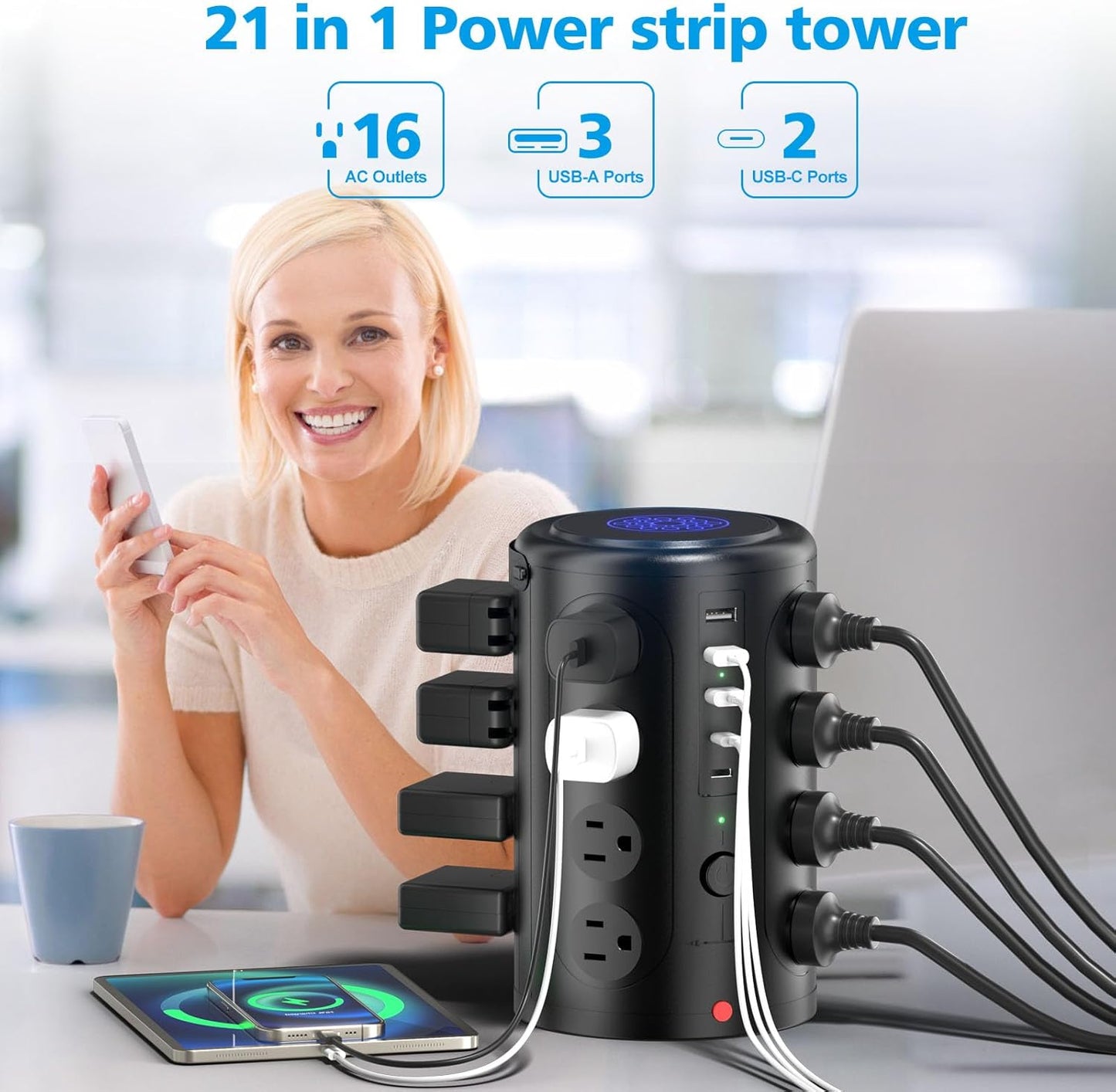 Regleta de alimentación en torre con cargador inalámbrico de 15 W,...