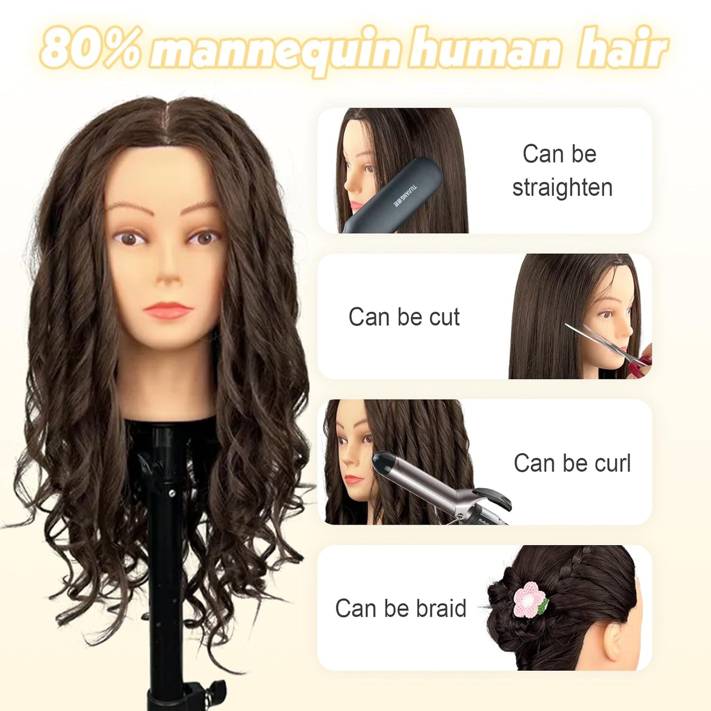 Cabeza de maniquí MQHIHI de 22 pulgadas, cabeza de muñeca de maniqu...