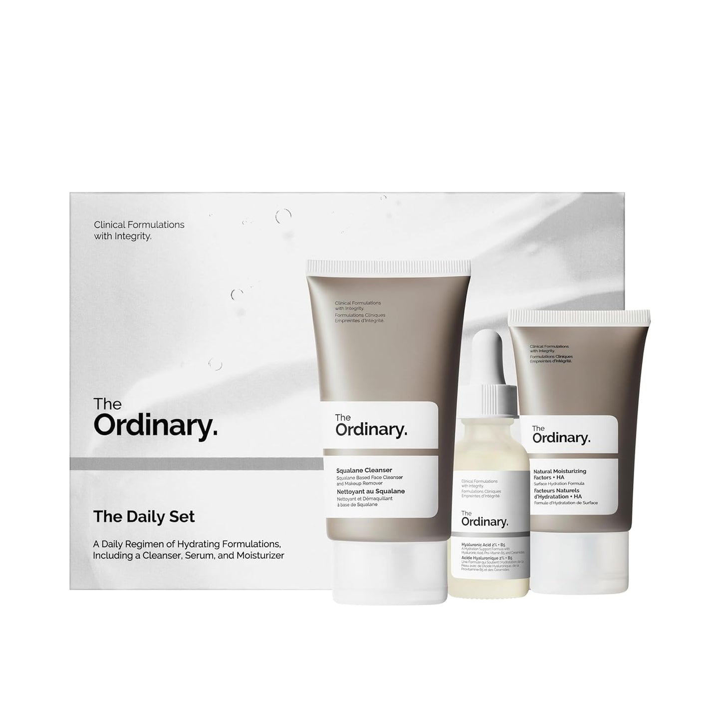 The Ordinary The Daily Set, rutina diaria de cuidado de la piel con limpiador de escualeno, ácido hialurónico 2% + B5 y factores hidratantes naturales + HA | Set de cuidado de la piel
