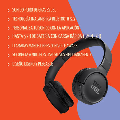 JBL Tune 520BT - Auriculares inalámbricos supraaurales, hasta 57H d...