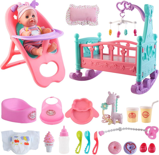 deAO Juego de Muñecas de Bebé de 12" con Cuna, Móvil, Silla Alt...