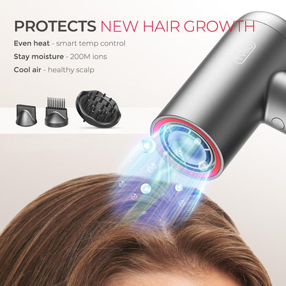 Secador de pelo TYMO con difusor, secador de pelo profesional AIRHYPE Lite de 1500W de alta velocidad con peine para secado rápido, motor sin escobillas de 110,000RPM, 200 millones de secador de pelo