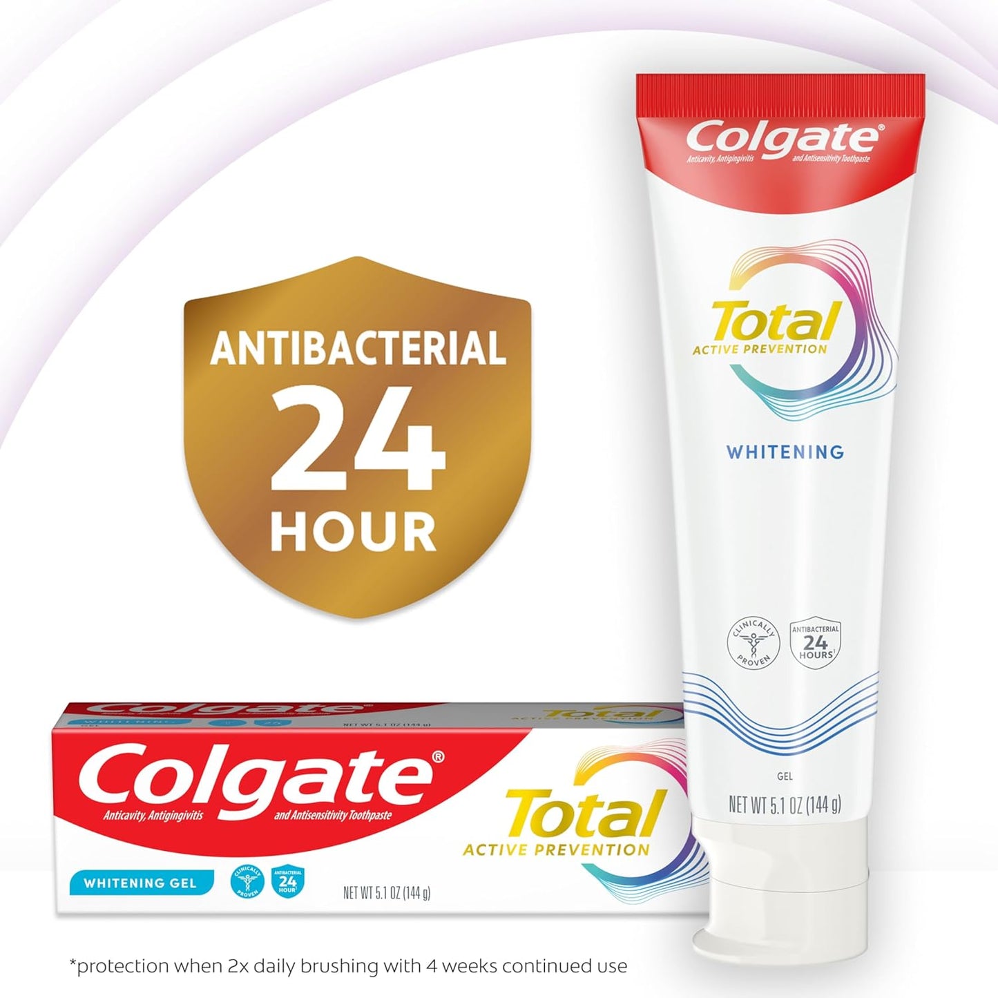 Colgate Total Active Prevention - Pasta de dientes en gel blanqueador con flúor, a granel con fórmula clínicamente probada que combate las bacterias de la placa, menta, paquete de 4, 5.1 onzas
