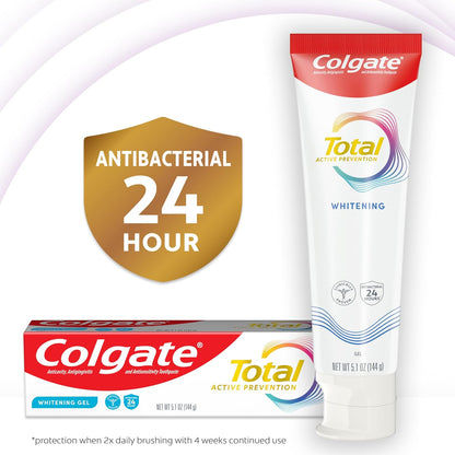 Colgate Total Active Prevention - Pasta de dientes en gel blanqueador con flúor, a granel con fórmula clínicamente probada que combate las bacterias de la placa, menta, paquete de 4, 5.1 onzas