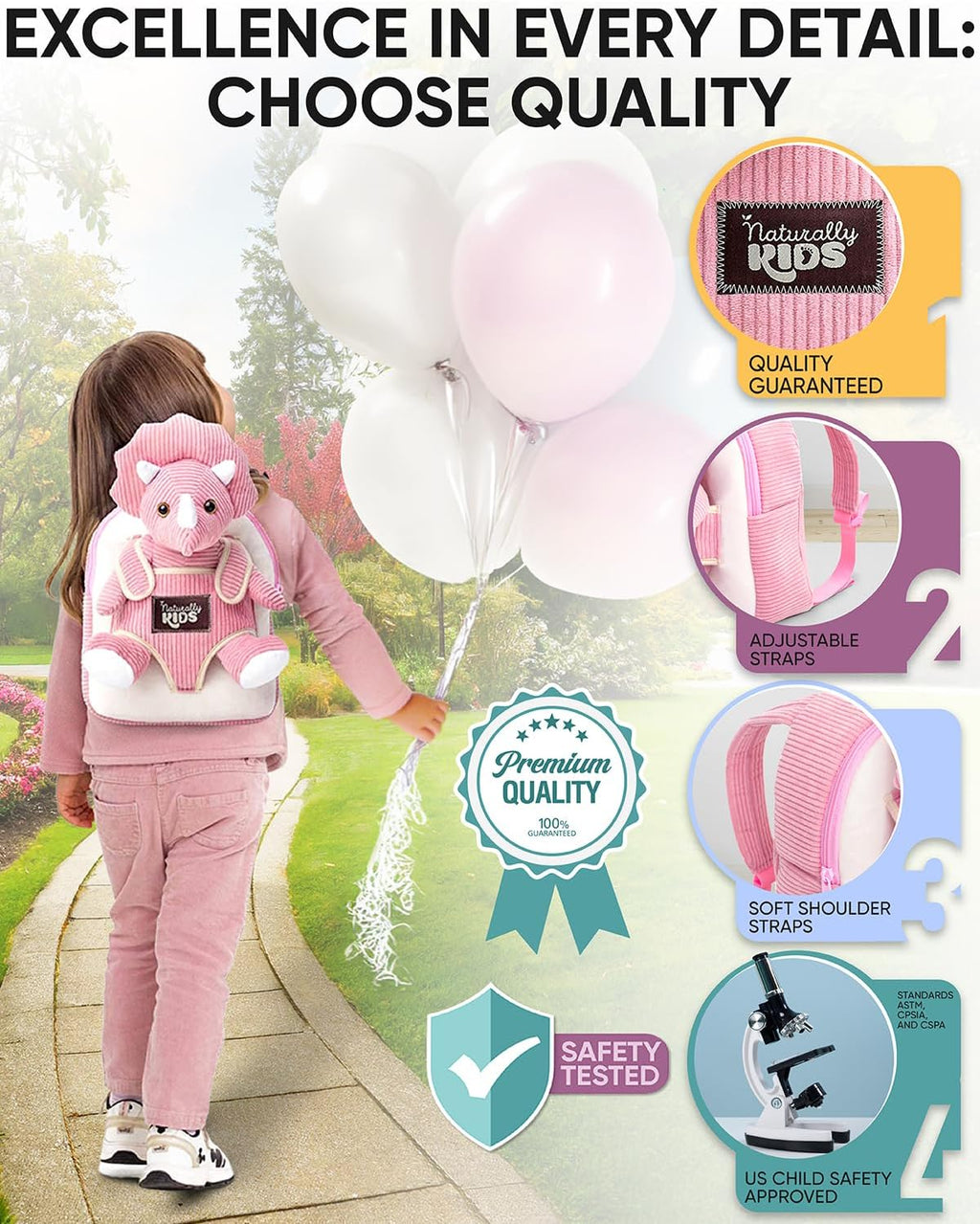Naturally KIDS Mochila para niños pequeños con peluche rosa Tricera...