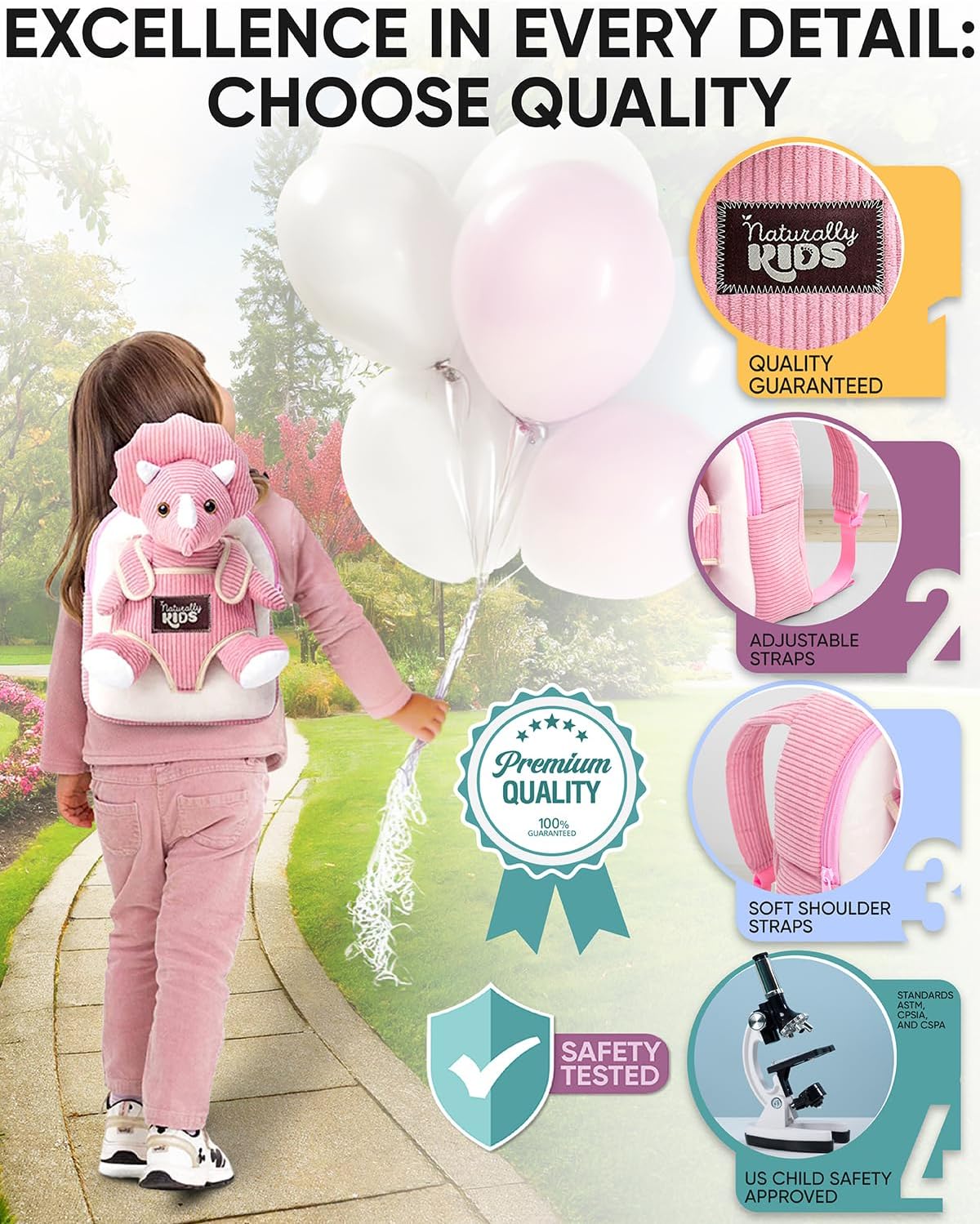 Naturally KIDS Mochila para niños pequeños con peluche rosa Tricera...