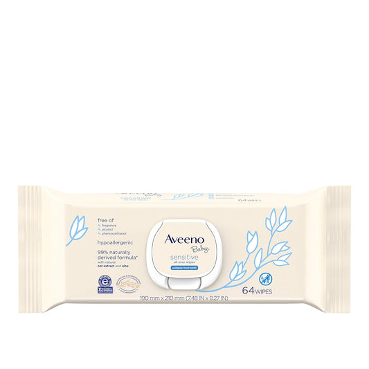 AVEENO Toallitas sensibles para bebés, sin parabenos ni fragancias, 64 unidades (paquete de 2)