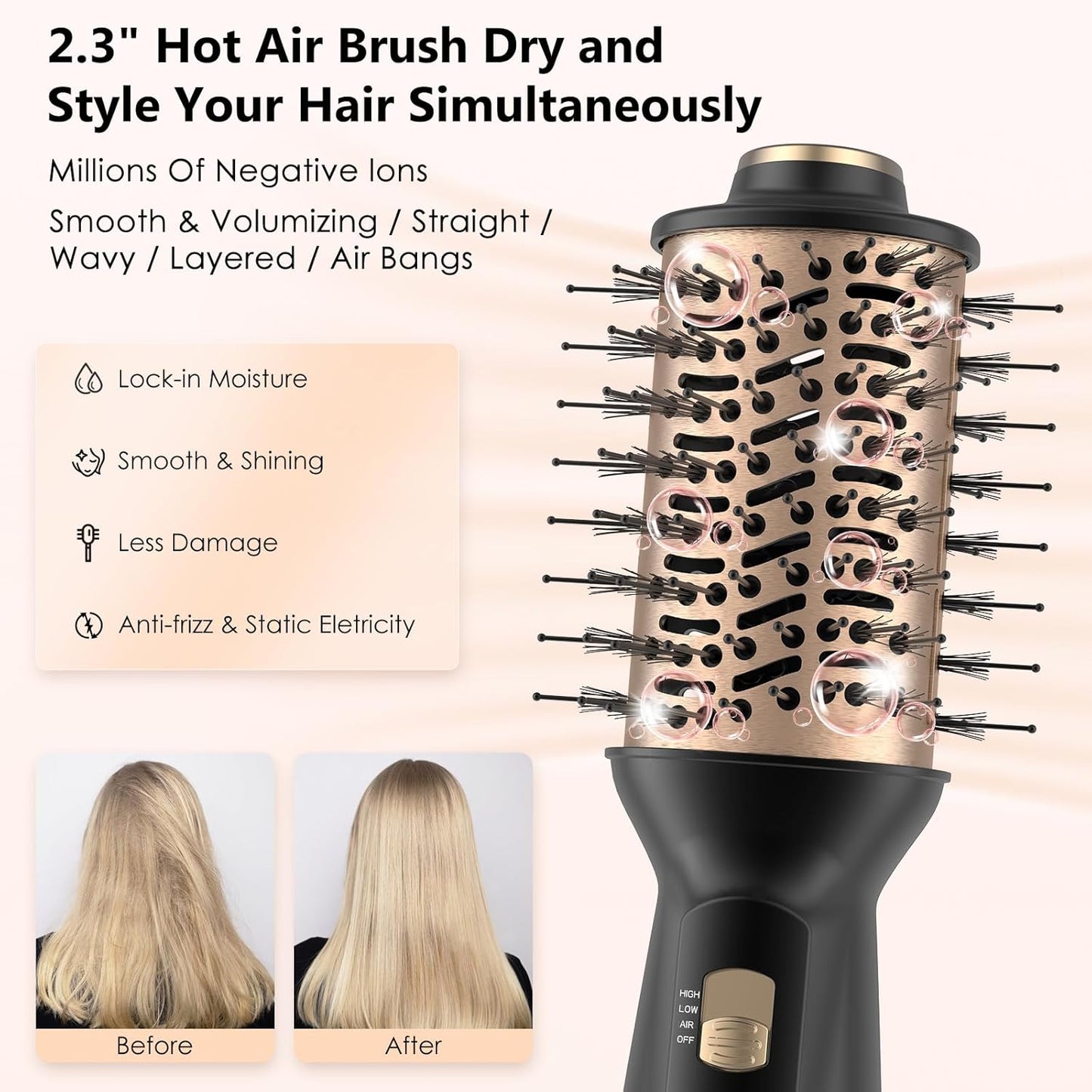 Cepillo secador de pelo de viaje, 4 en 1 automático de doble voltaje (100-240 V), cepillo de aire caliente de 2 pulgadas, mini cepillo secador de pelo y estilizador para cabello suave y voluminoso