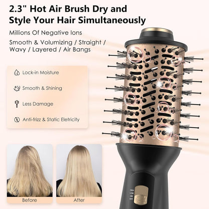Cepillo secador de pelo de viaje, 4 en 1 automático de doble voltaje (100-240 V), cepillo de aire caliente de 2 pulgadas, mini cepillo secador de pelo y estilizador para cabello suave y voluminoso