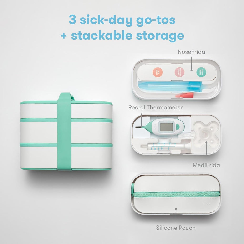 Frida Baby - Kit de viaje para botiquín móvil, set de regalo esencial para bebés, incluye NoseFrida Snotsucker, termómetro rectal, dispensador de medicamentos MediFrida con estuche de transporte portátil