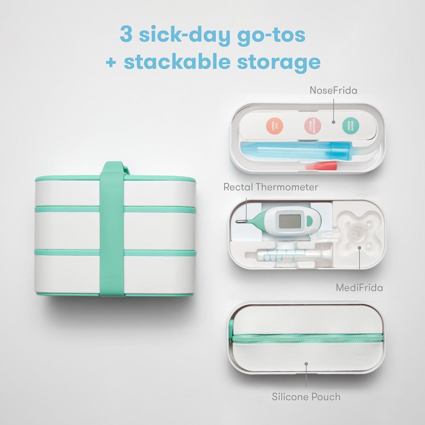 Frida Baby - Kit de viaje para botiquín móvil, set de regalo esencial para bebés, incluye NoseFrida Snotsucker, termómetro rectal, dispensador de medicamentos MediFrida con estuche de transporte portátil