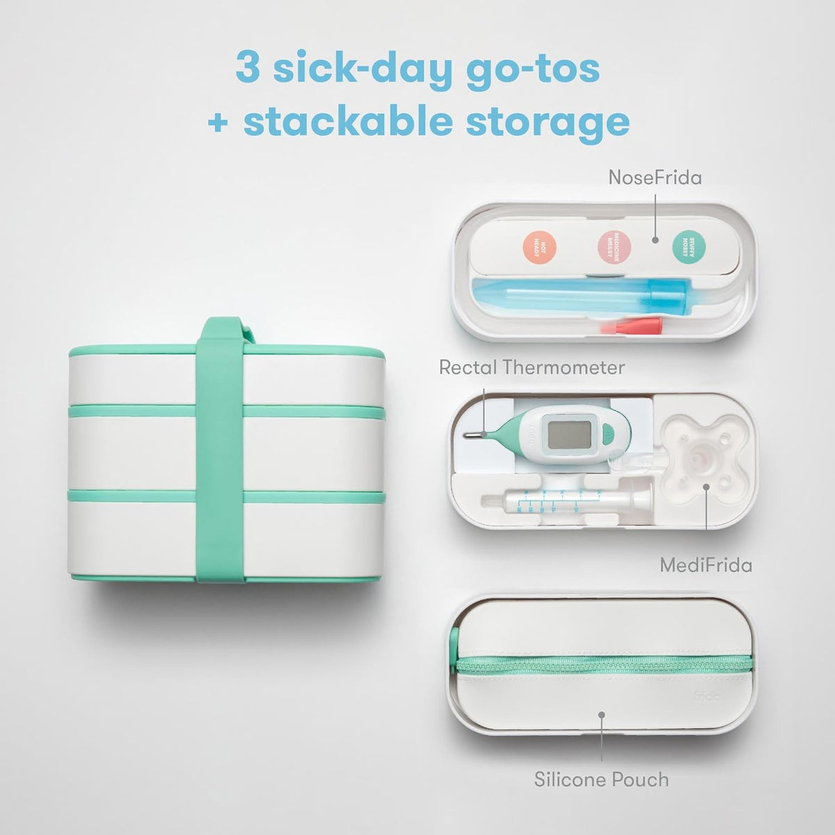 Frida Baby - Kit de viaje para botiquín móvil, set de regalo esencial para bebés, incluye NoseFrida Snotsucker, termómetro rectal, dispensador de medicamentos MediFrida con estuche de transporte portátil