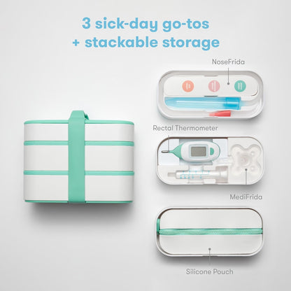 Frida Baby - Kit de viaje para botiquín móvil, set de regalo esencial para bebés, incluye NoseFrida Snotsucker, termómetro rectal, dispensador de medicamentos MediFrida con estuche de transporte portátil