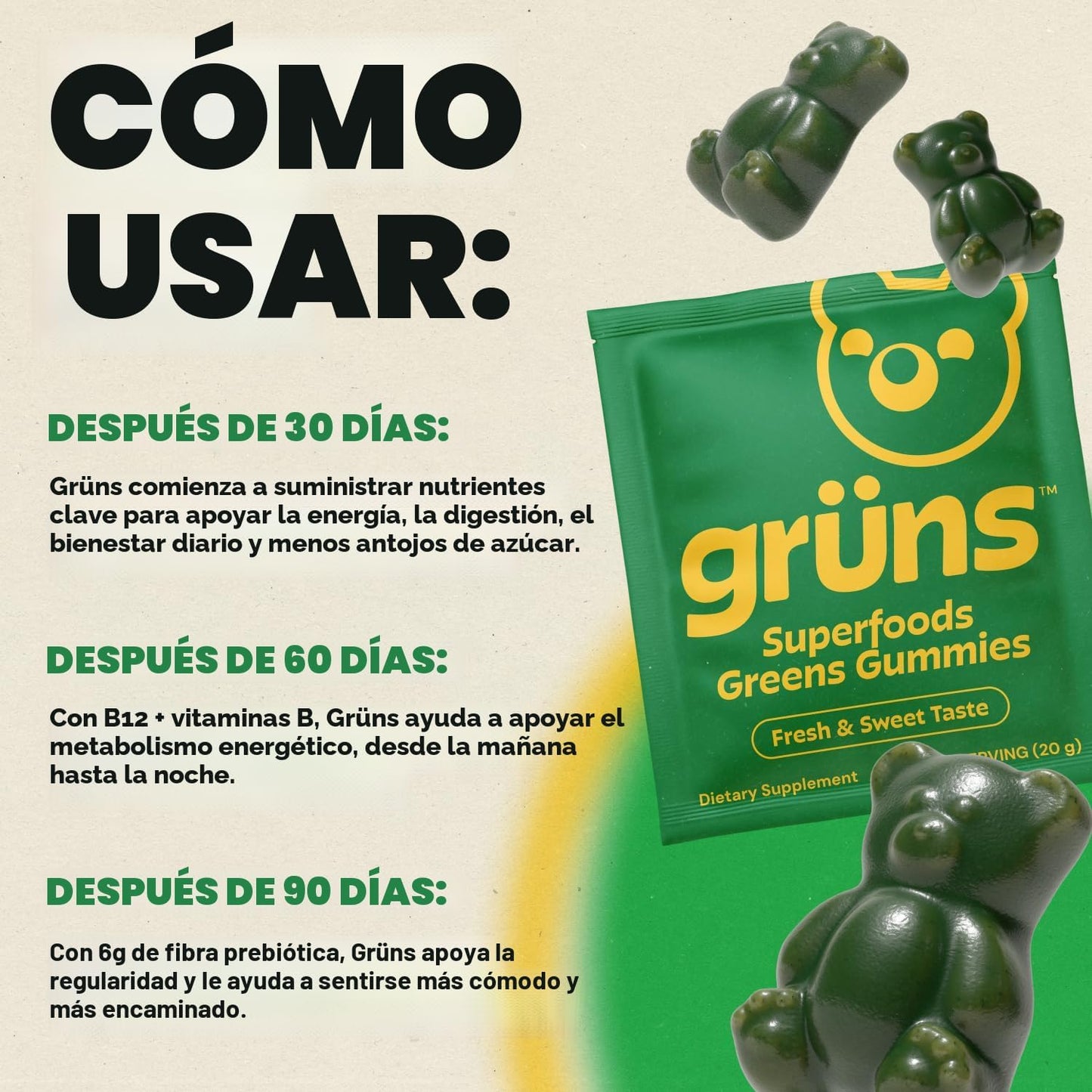 Gruns Gomitas Super Greens Sin Azúcar, Ositos de Goma Multivitamíni...