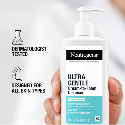 Neutrogena Crema ultra suave a espuma para piel sensible, limpiador facial suave sin fragancia, cuidado de la piel hipoalergénico, removedor de maquillaje no comedogénico, 8.5 onzas
