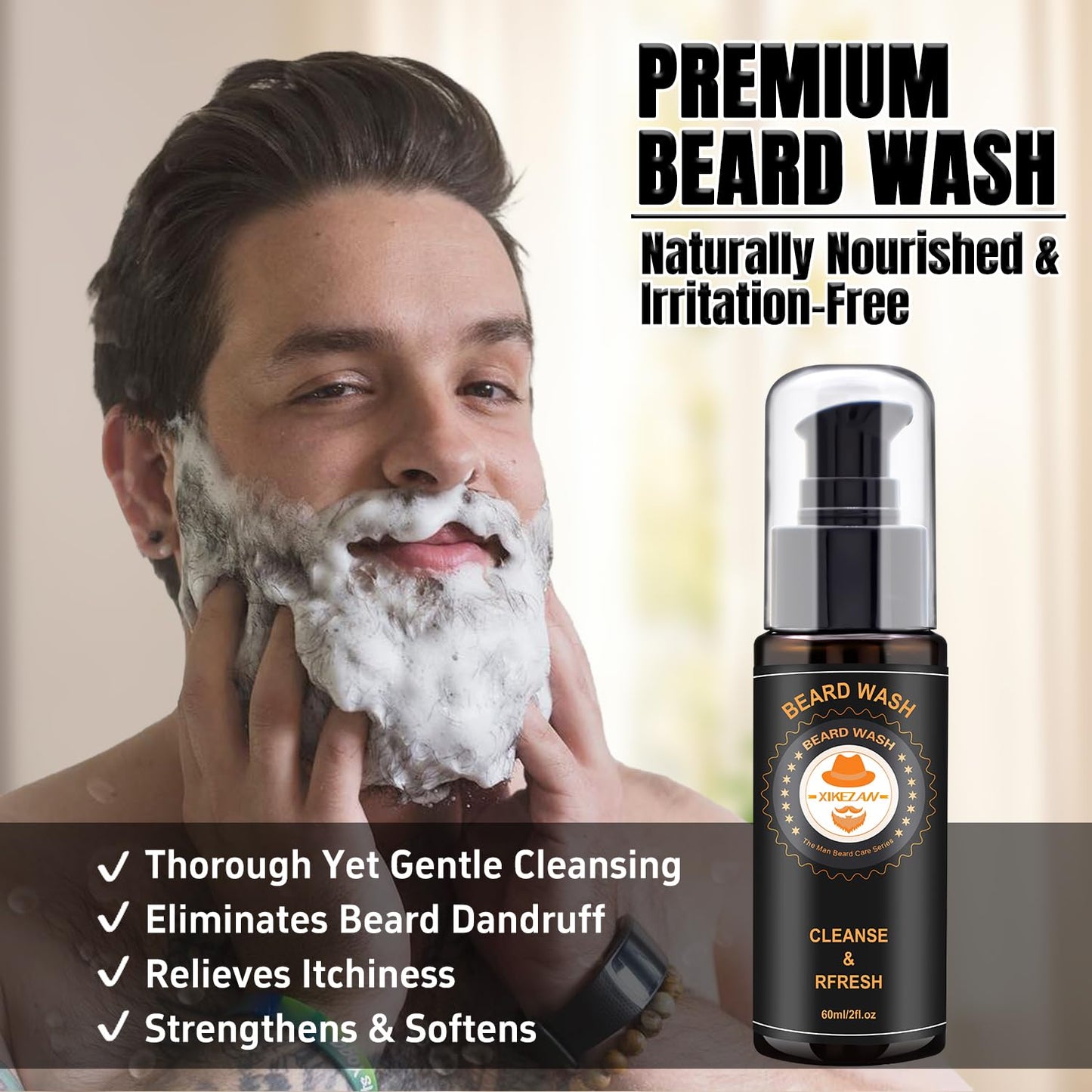 XIKEZAN Kit mejorado de aseo para barba con acondicionador de barba, aceite de barba, bálsamo para barba, cepillo para barba, lavado de barba/champú, peine para barba, tijeras para barba, bolsa de